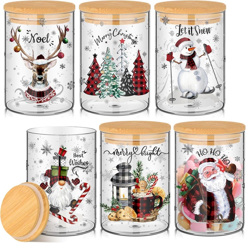 Shellwei 6 Pcs Watercolor Christmas Glass Storage Jar with Airtight Bamboo Lid Santa Claus Canister Sets Christmas Snowman Elk Clear Cookie Candy Storage 19oz for Kitchen Containers Countertop Decor - Image 1